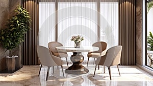 Interior design with marble round table and chairs. Modern dining room with beige wall. Cafe, bar or restaurant interior design