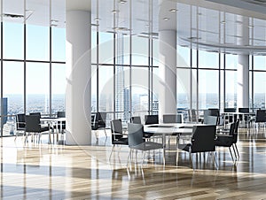 interior design of a meeting room in an office with a table and chairs and a large window