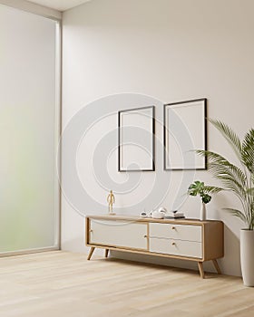 Minimal Japanese living room style with wood cabinet, frames mockup on white wall