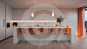 Interior design of minimalist kitchen integrated with dining area with orange lights at night