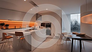 Interior design of minimalist kitchen integrated with dining area with orange lights at night