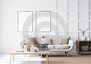Interior design mock of luxury living room with elegant beige sofa, wood coffee table, and wooden rattan stylish accessories.