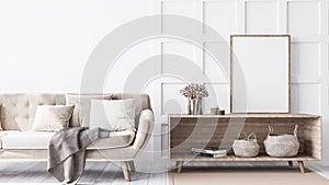 Interior design mock of luxury living room with elegant beige sofa, wood table, rattan stylish accessories.empty frame poster