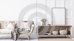 Interior design mock of luxury living room with elegant beige sofa, wood table, rattan stylish accessories.empty frame poster photo