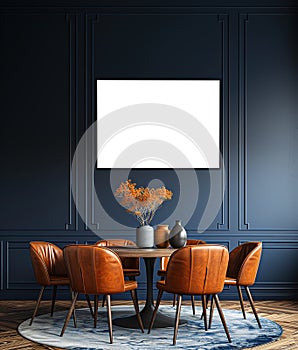 Interior design mockup of dining room with blank white framed picture on dark blue wall