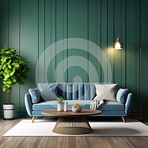 Interior design of modern apartment, blue sofa in living room, green wall, wooden panelling, home design 3d renderin