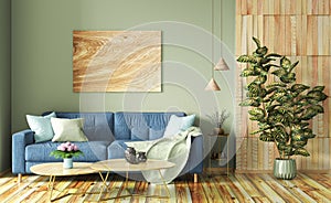 Interior design of modern apartment, blue sofa in living room, green wall, wooden panelling, home design 3d rendering