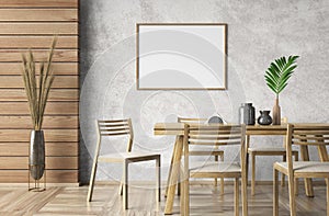 Interior design of modern apartment, frame mockup in dining room with beige stucco wall. Home loft design with table and chairs.