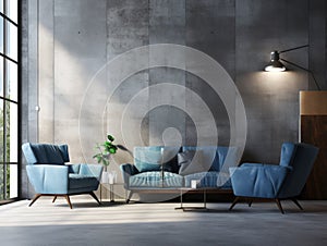 Interior design of modern apartment, gray sofa in living room, blue armchairs, concrete wall, loft stylish home 3d design