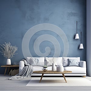 Interior design of modern apartment, gray sofa in living room over blue mock up wall, home design 3d rendering