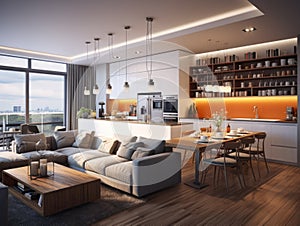 Interior design of modern apartment, kitchen, dining room, living room, panorama