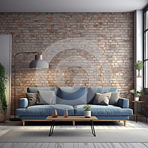Interior design of modern apartment, living room with brick wall. Home design with blue and gray sofa. Panorama 3d rendering