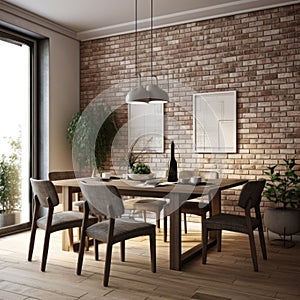 Interior design of modern apartment, living room or dining room with brick wall. Home design with table and chairs