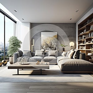 Interior design of modern apartment, living room with gray sofa, home design, panorama 3d rendering