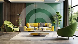 Interior design of modern apartment, living room with green sofa and armchair 3d rendering