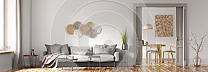 Interior design of modern apartment, living room with white wall, gray sofa, dining room 3d rendering