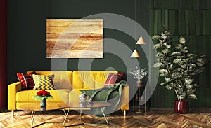 Interior design of modern apartment, yellow sofa in living room, dark green wall, wooden panelling, home design 3d rendering