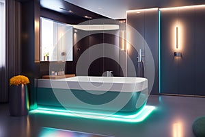 Interior design of a modern bathroom with a luxurious bathtub in a luxury house Generative AI