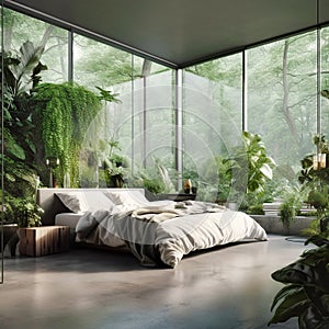 Interior design of modern bedroom with big panoramic windows in tropical forest. Created with generative AI