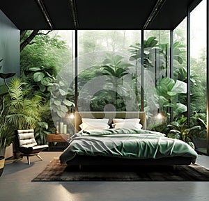 Interior design of modern bedroom with big panoramic windows in tropical forest. Created with generative AI