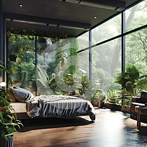 Interior design of modern bedroom with big panoramic windows in tropical forest. Created with generative AI