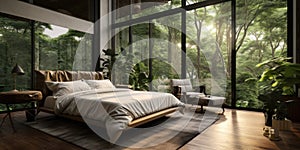 Interior design of modern bedroom with big windows in tropical forest