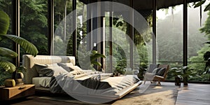 Interior design of modern bedroom with big windows in tropical forest