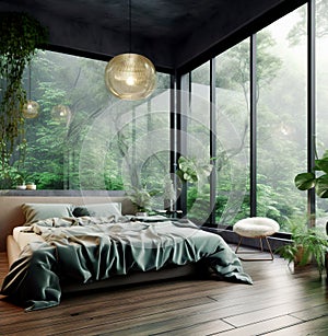 Interior design of modern bedroom with big windows in tropical forest. Created with generative AI