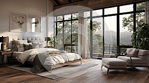 Interior design of a modern bedroom with wooden floor. Big windows with beautiful nature view.