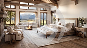 Interior design of a modern bedroom with wooden floor. Big windows with beautiful nature view.