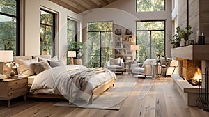 Interior design of a modern bedroom with wooden floor. Big windows with beautiful nature view.