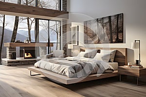 Interior design of a modern bedroom with wooden floor. Big windows with beautiful nature view. ai generated