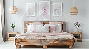 Interior design of modern bright bedroom with a large wooden bed with pink and white pillows and pink blanket, wooden