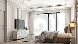 Interior design modern classic style of bedroom with white wood and gold steel texture and gray furniture