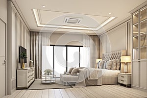 Interior design modern classic style of bedroom with white wood and gold steel texture