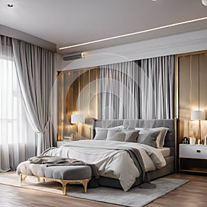 interior design modern classic style of bedroom with white wood and gold steel texture and gray furniture bed set with windows.