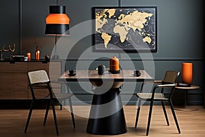 interior design, Modern composition of dining room interior with design wooden table, stylish chairs, decoration, teapot, cups,