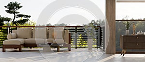 Interior design of a modern, contemporary relaxation area on a balcony with a comfortable sofa