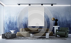 The interior design modern cozy mock up of beautiful living room and random blue texture pattern wall background