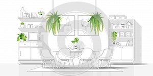 Interior design with modern dining room in black line sketch on white background