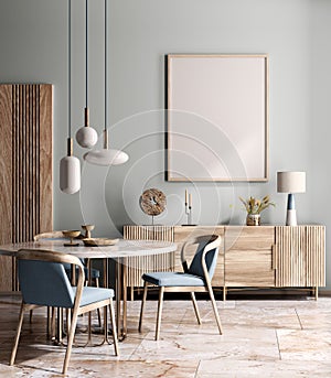 Interior design of modern dining room or living room, marble table and chairs. Wooden sideboard over blue wall. Home interior. 3d