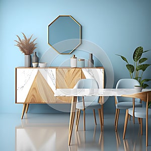 Interior design of modern dining room or living room, marble table and chairs. Wooden sideboard over blue wall. Home interior. 3d
