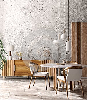 Interior design of modern dining room or living room, marble table and chairs. Wooden sideboard over grunge concrete stucco wall.