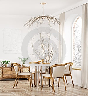 Interior design of modern dining room or living room, marble table and wooden chairs. Wooden sideboard over white wall. Home