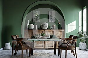 Interior design of modern dining room, marble table and wooden chairs.