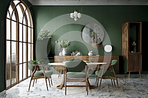 Interior design of modern dining room, marble table and wooden chairs.