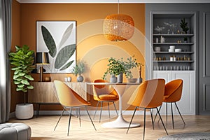 Interior design of modern dining room with orange furniture, Scandinavian style Generative AI