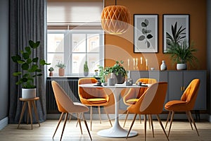 Interior design of modern dining room with orange furniture, Scandinavian style Generative AI