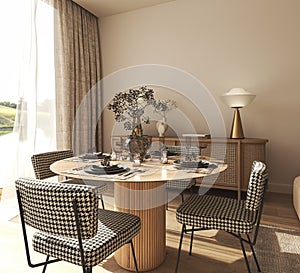 Interior design of modern dining room with orange furniture and wooden table. Scandinavian style with dry flowers. 3d