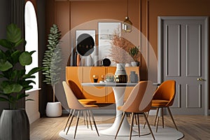 Interior design of modern dining room with orange furniture and wooden table, Scandinavian style. Generative AI
